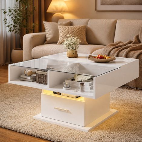 Tavolino da caffè sollevabile LED 78 x 78 cm, altezza regolabile, con contenitore, bianco HAVRYA (1/5)
