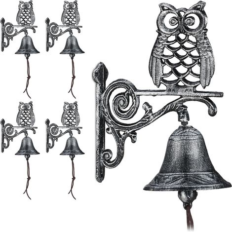 Relaxdays 5x Cast Iron Door Bells, Antique Design, Owl with Cord, Weatherproof, Garden Decoration, 26.5x19x11 cm, Silver