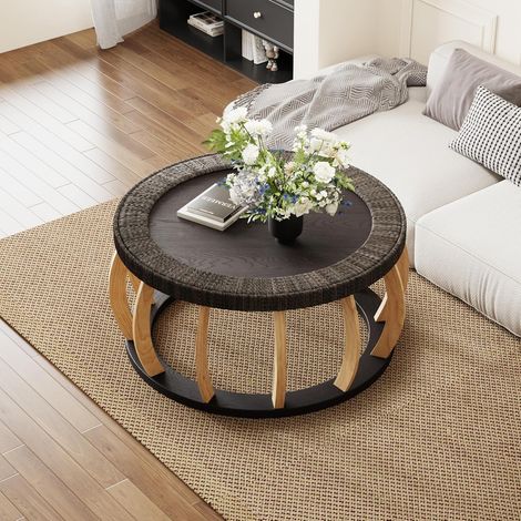 Table ronde en bois massif et rotin – Pieds incurvés, style boho, noir ou marron – Parfaite pour salle à manger, cuisine ou salon (1/5)