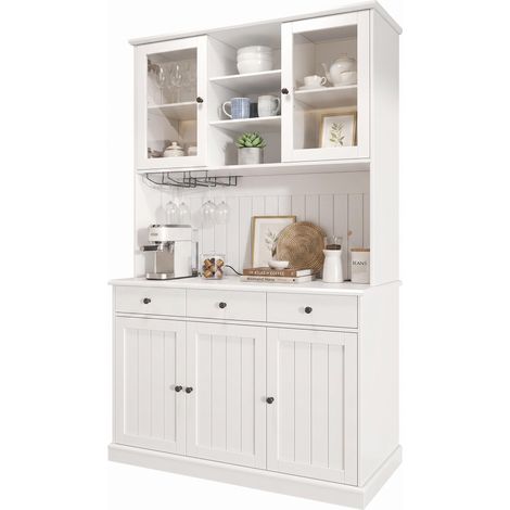 FurnitureR Tall Kitchen Storage Cabinet, White 120 × 40 × 191 cm Pantry Unit with Adjustable Shelves, Wine Glass Rack, 2 Sockets, USB-A and USB-C (1/5)