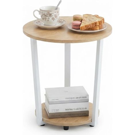 ELVMI Table Basse Ronde avec 2 Étagères Ouvertes, Rangement pour Salon ou Chambre, Métal et Bois, Blanc et Chêne Clair (1/5)