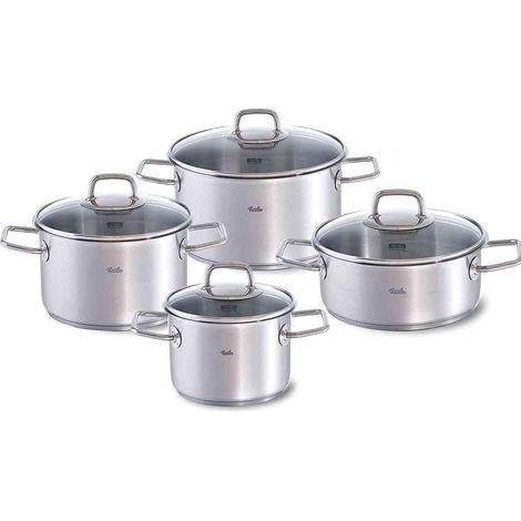 Fissler Viseo Set di pentole in acciaio inox, 4 pezzi, con coperchio in vetro, per cottura a induzione e tutti i tipi di fornelli, 3 pentole, 1 rostiera (1/4)