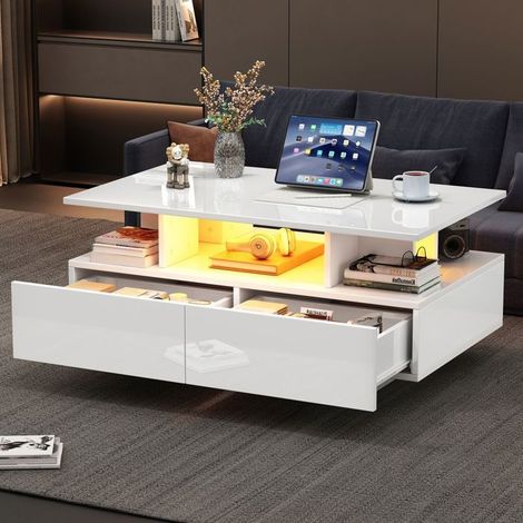 Table Basse 90 x 55 x 41 cm éclairage LED 2 tiroirs rangement charge maximale 30 kg effet haut brillance (1/5)