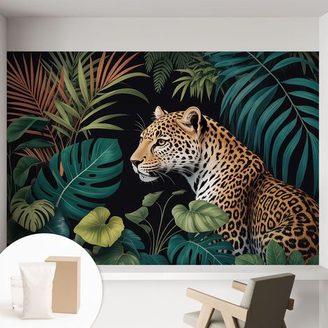 Papier peint intissé pour salon chambre à coucher peint imprimé Installation facile - Colle incluse gratuite Léopard exotique 152x104 cm (1/5)