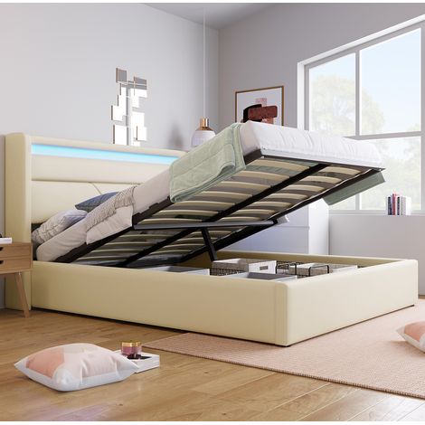 Lit coffre capitonné moderne PU blanc 140x200 cm avec tête de lit LED et sommier à lattes relevable