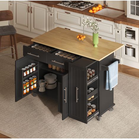 Isola cucina mobile con piano ribaltabile, 2 cassetti, MDF nero e naturale HAVRYA (1/5)
