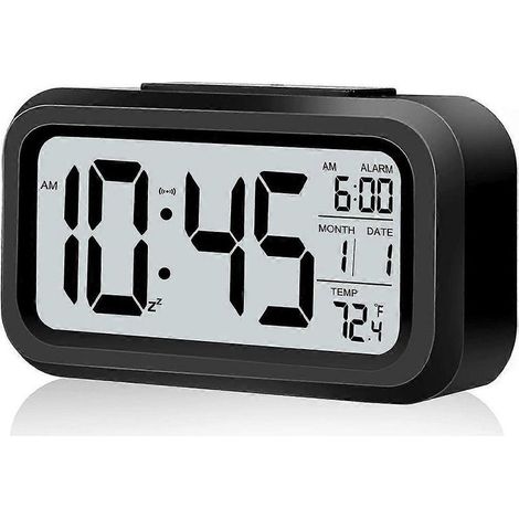 Réveil numérique à piles avec veilleuse, fonction snooze, date, format 12/24 h et température intérieure (noir) (1/5)