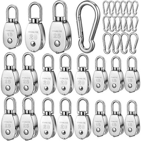 Lot de 16 poulies simples M15, M20 et M25, poulie pivotante en acier inoxydable pour le chargement de câbles métalliques. (1/5)
