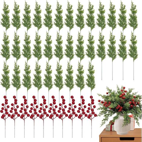 Christmas Greenery, Christmas Greenery Stems, Red Berry Stems, Pine Branches, Tree Branches Decor, Christmas Floral Picks, Christmas Pine Berry Stems for Holiday Decor (1/5)