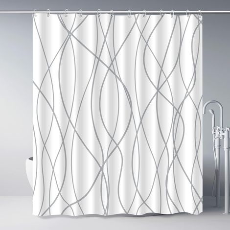 Rideau de douche en tissu pour salle de bain, avec 12 crochets, longueur 183 cm (72 pouces) - rayures grises et blanches (1/5)