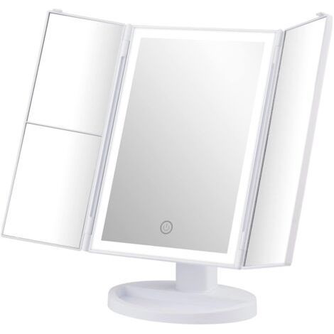 Miroir Maquillage Lumineux, 2X/3X Miroir Grossissant Lumineux, Miroir Pliable, Rotation à 180°, Alimentation par Batterie ou USB, Interrupteur Tactile, Luminosité Réglable, Blanc (1/5)