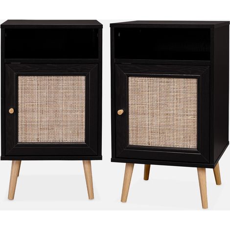 Mesita de noche escandinava con efecto madera y caña, set de 2