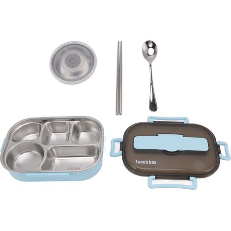 Boîte à lunch isotherme en acier inoxydable avec bol à soupe, baguettes et cuillère, pour adultes et enfants (bleu). (1/5)