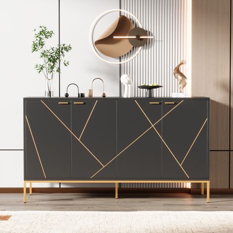 Tumbona TV 4 portes avec pieds métalliques – Meuble télé noir et or, design élégant avec lignes décoratives en métal, dimensions : H 80 cm × L 150 cm × P 40 cm – Meuble de rangement multifonction pour