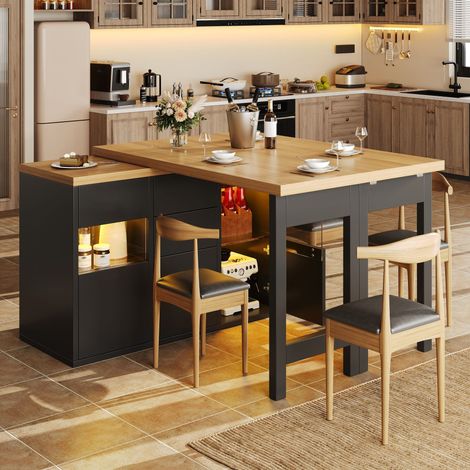Îlot de cuisine pivotant 120-197x40x73cm - led rgb 4 tiroirs portes vitrées - mdf - noir (1/5)