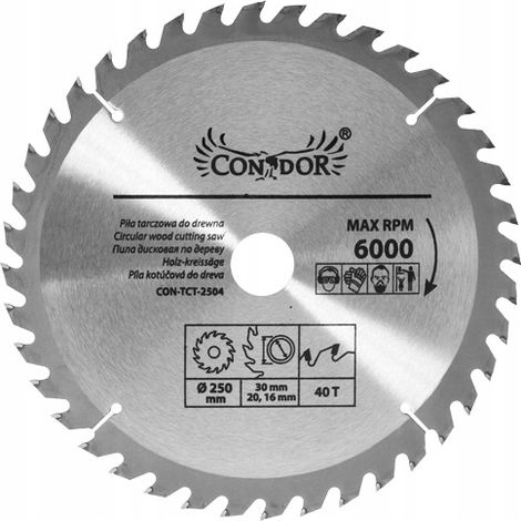 Condor Piña de Corte Widia 250 x 30 x 40 dientes, ideal para cortes precisos en madera y metal, alta durabilidad y resistencia al desgaste, herramienta profesional para trabajos industriales.