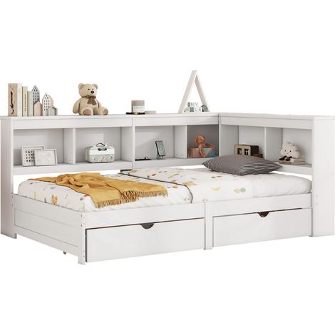 CHICFURN lit banquette blanc avec deux tiroirs rangements lateraux prises integrees 90 200 (1/5)