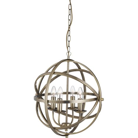 Searchlight Orbit - Suspension de plafond à cage sphérique à 4 ampoules, laiton antique, E14 (1/4)