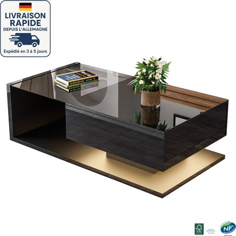 MODFU - Tavolino da caffè a LED con contenitore, 1 cassetto, superficie in vetro lucido, tavolino laterale per divano, adatto per soggiorno/camera da letto, nero (1/5)