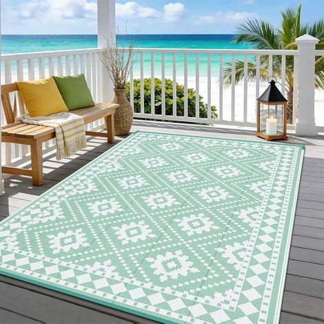 Grand tapis d'extérieur réversible en plastique imperméable pliable pour camping-car, jardin, balcon, intérieur, terrasse (vert diamant, 240 x 300 cm) (1/5)