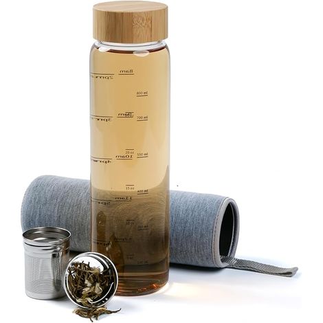 Bouteille Infuseur à Thé 1l - Gourde en Verre 1 litre - Gourde 1l en Verre Borosilicaté avec Couvercle Rotatif en Bambou - Theiere avec Infuseur 1l avec Housse en Néoprène - gris (1/5)