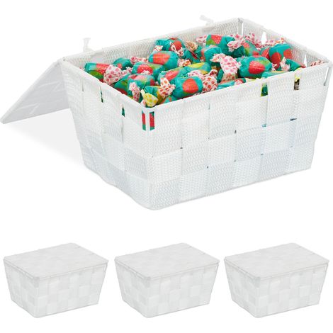 4x Cajas de almacenaje con tapa, Cesta de almacenamiento, PP, 10,5 x 19,5 x 14,5 cm, Blanco