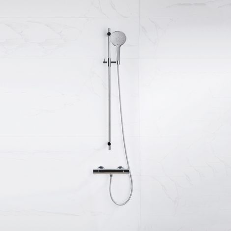 Fortifura Calvi Ensemble de douche barre curseur avec douchette ronde, flexible en métal et robinet de douche Chrome (1/5)