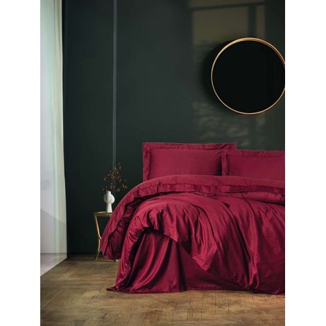 Parure de lit - 1 housse de couette 140 x 200 cm + 1 taie d'oreiller 60 x 60 cm - Satin - Rouge bordeaux (1/3)