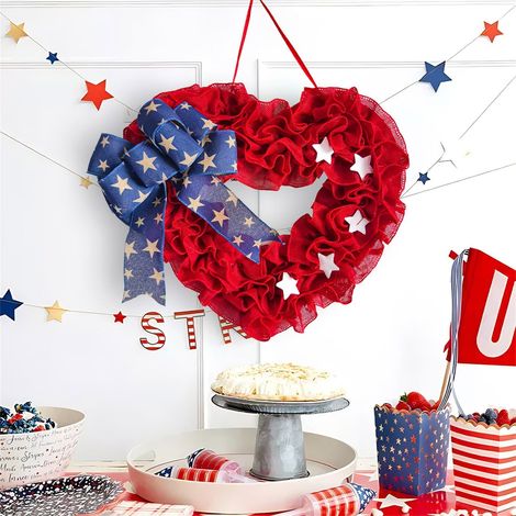 Guirlande Porte En Forme De Cœur - 40 Cm - Maille Rouge Étoiles Bleues Et Blanches Pour Décoration Extérieure Fêtes Patriotiques - 1 Pièce (1/5)