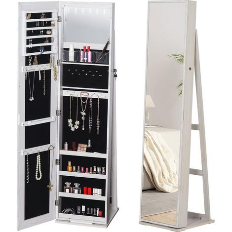Armoire à Bijoux avec Miroir sur Pied Multi-rangements éclairage LED Blanc dim. 38L x 38l x H157 cm (1/5)