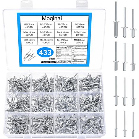 433 Pièces Rivets Aveugles Aluminium, Rivets à Grand Flanc, Set de Rivets Aluminium pour Métal Bois Plastique, Rivets Aveugles pour Pince à Riveter – M3/M3.2/M4/M5 (6–20 mm) (1/5)