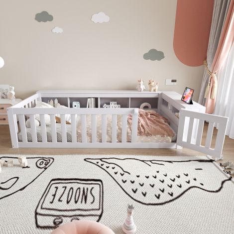 Lit enfant 90x200 cm, lit au sol avec rangement, barrière de sécurité et porte, en bois, blanc, sans matelas (1/5)