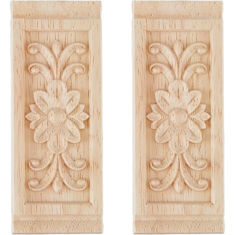 Set aus 2 rechteckigen Wandleuchten aus geschnitztem Holz mit Blumenmotiv für Möbel, mit dekorativen Eckeinlagen. Lange zentrale Wandleuchte aus geschnitztem Holz, ideal für Schränke, Spiegel und ande