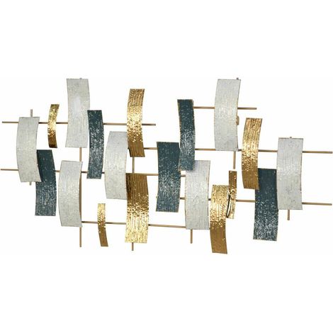 Décoration murale en métal différentes formes rectangulaires étroites crème bleu doré a suspendre 120x5,5x59,5 cm DEC05116