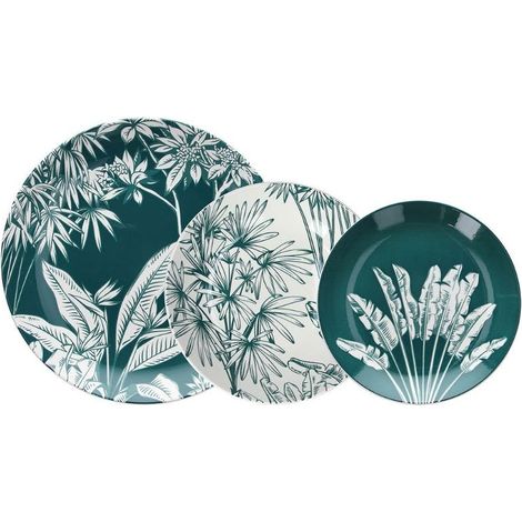 Servizio Piatti Da Tavola 18 Pezzi In Porcellana Con Motivo Floreale Bianco E Blu Palm Beach