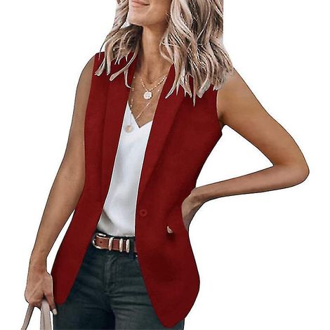 Veste sans manches pour femme, veste de travail décontractée, gilet blazer - Taille S - Bordeaux (1/3)