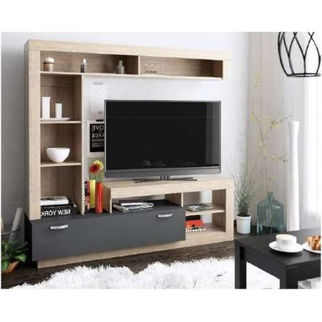 Lea Parete Soggiorno Moderna in Rovere Chiaro e Antracite - 180x42x180 cm (1/3)