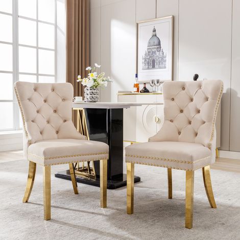 Lot de 2 Chaise de salle à manger en velours - pieds de support en acier inoxydable,chaise Coussin moelleux salon/cuisine,beige