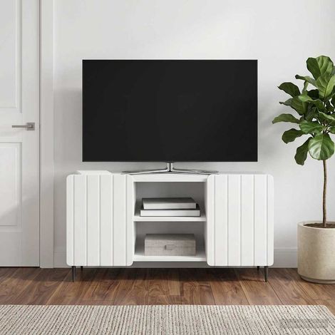 Meuble TV blanc brillant, 2 portes et étagère, bois d'ingénierie, 102 x 34,5 x 52 cm - PANGIVO (1/5)