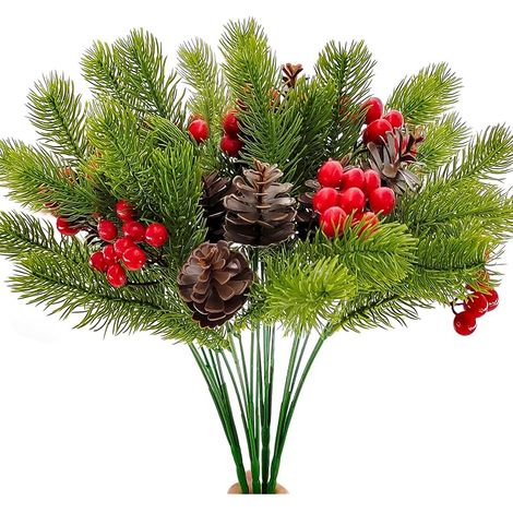 4 Pcs Branches de Sapin Artificielles avec Baies et Pommes de Pin, Noël Branches de Baies Artificiel Aiguilles de Pin, pour Décoration Noël Fête d'hiver Couronne (1/5)