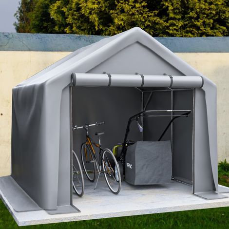 REDOM - Cobertizo de almacenamiento exterior 244x241x217 cm, puerta enrollable, estructura de acero galvanizado y PE, gris oscuro (1/5)