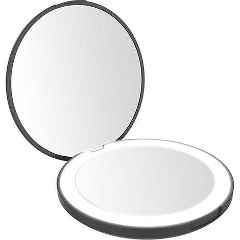 Miroir de poche portable double face avec éclairage LED, grossissement x1/x2, mini miroir cosmétique pour sac à main (noir) (1/5)