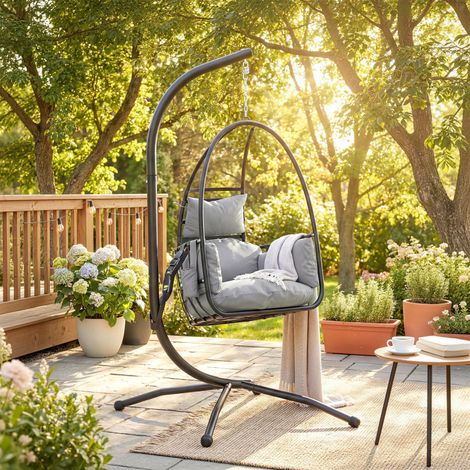 Gris - Chaise suspendue à œufs doté de pied, panier pliable, coussin d’appuie-tête, poche latérale, 120 kg, foncé