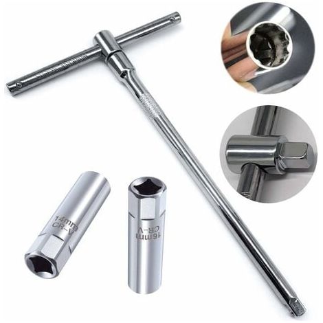 Douille de bougie à paroi fine 3/8 in. Outil de démontage 12 points 14 mm et 16 mm + Kit d'extension de clé à bougie à couple ajustable 3/8 in. T-Wrench (25 cm)