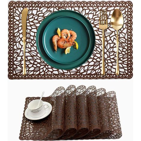 Set mit 6 wasserdichten Kunststoff-Tischsets für den Esstisch, leicht zu reinigen und abwaschbar, aus braunem PVC-Vinyl.