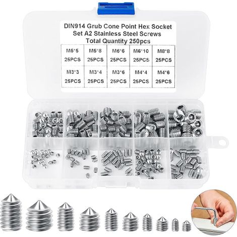 Vis sans tête hexagonales, assortiment de 250 pièces, M3, M4, M5, M6, M8, vis à six pans creux, kit de vis sans tête à six pans creux pour poignées de porte de garage (1/5)