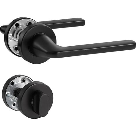 Garniture de Poignée de Porte Noire en Acier Inoxydable Brossé Mat, Poignée pour Porte d'Entrée et Intérieure, Forme en L, Rosace Ronde, WC - Cylindre pour Salle d'Eau (1/5)