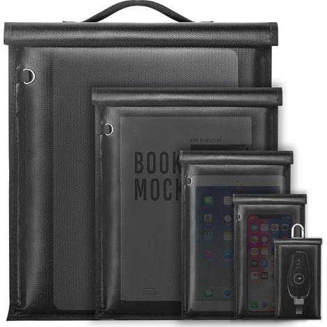 Paquete de 5 Faraday, jaula Faraday grande con asa, antirrastreo para portátil, tableta, teléfono móvil y llave de coche, ignífuga, impermeable, con bloqueo de señal RFID y EMP. (1/5)