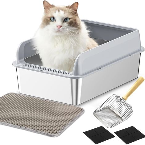 Cat Litter Tray Stainless Steel Cat Litter Tray Large Waterproof Semi-Closed Litter Tray Easy Clean with Litter Scoop and Mat 50x35x20cm (1/5)