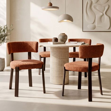 Lot de 4 chaises style japandi tissu chenille terracotta pieds métal effet noyer - ZOE (1/4)